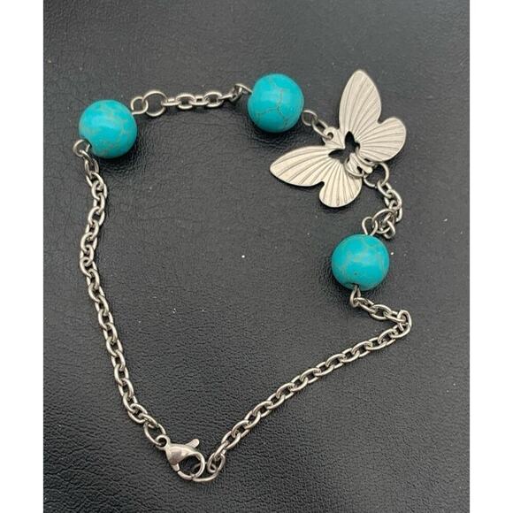 Silver Tone Butterfly And Faux Turquoise Bracelet Boho - Picture 2 of 3